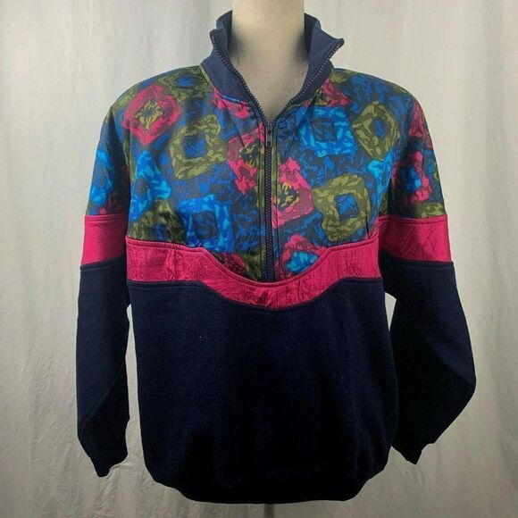 Vintage 80s Sweatshirt Jacket M Navy Blue Half Zip Shoulder Pads New - Picture 2 of 4